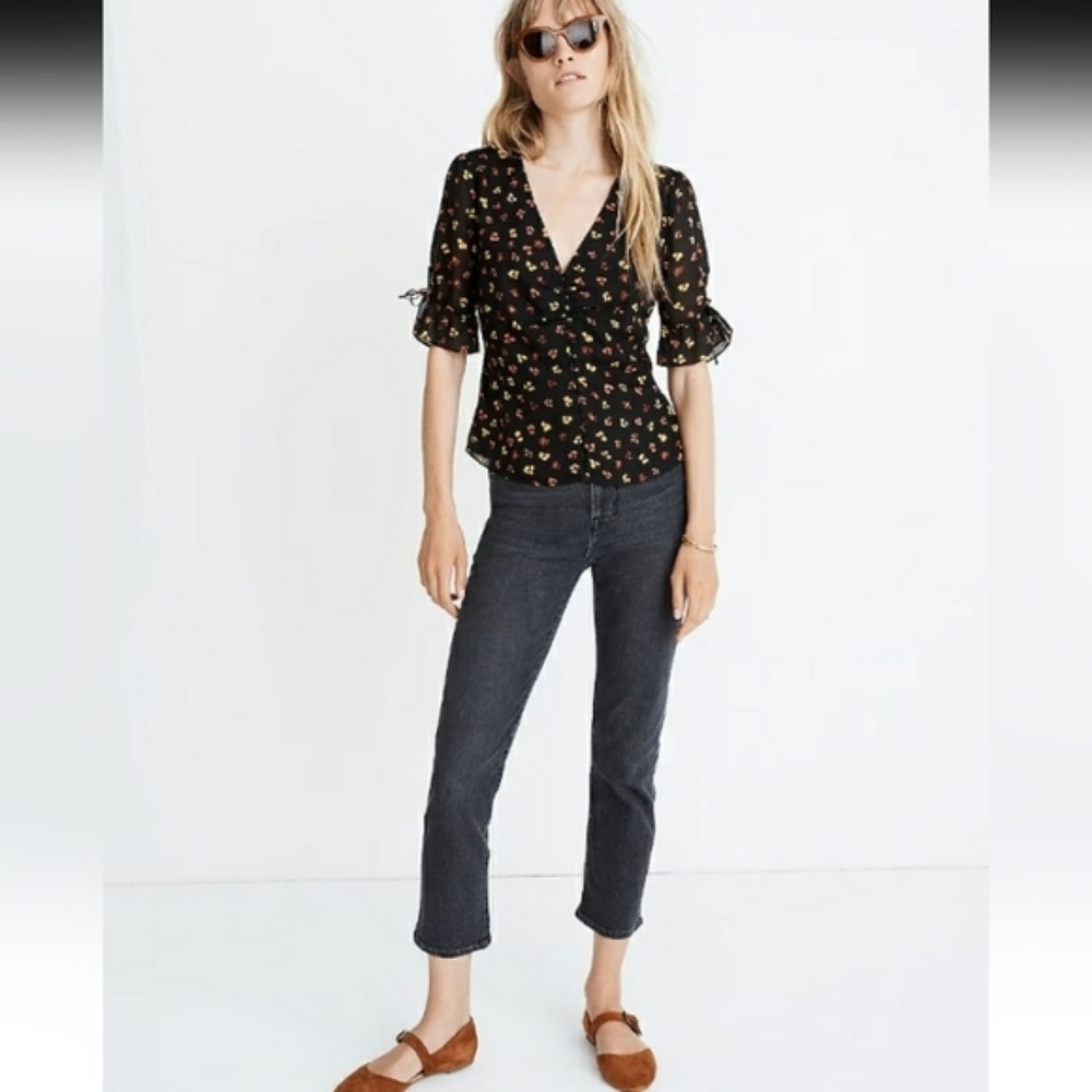 Madewell Silk Daylight Tie-Sleeve Top in Feline Floral size 14